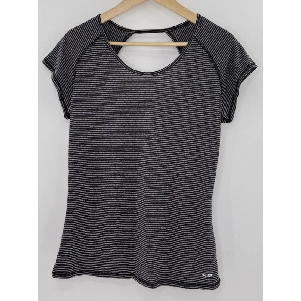 Champion Gray Black Striped DuoDry T-Shirt Round‎ Neck Short Sleeve Shirt Sz L